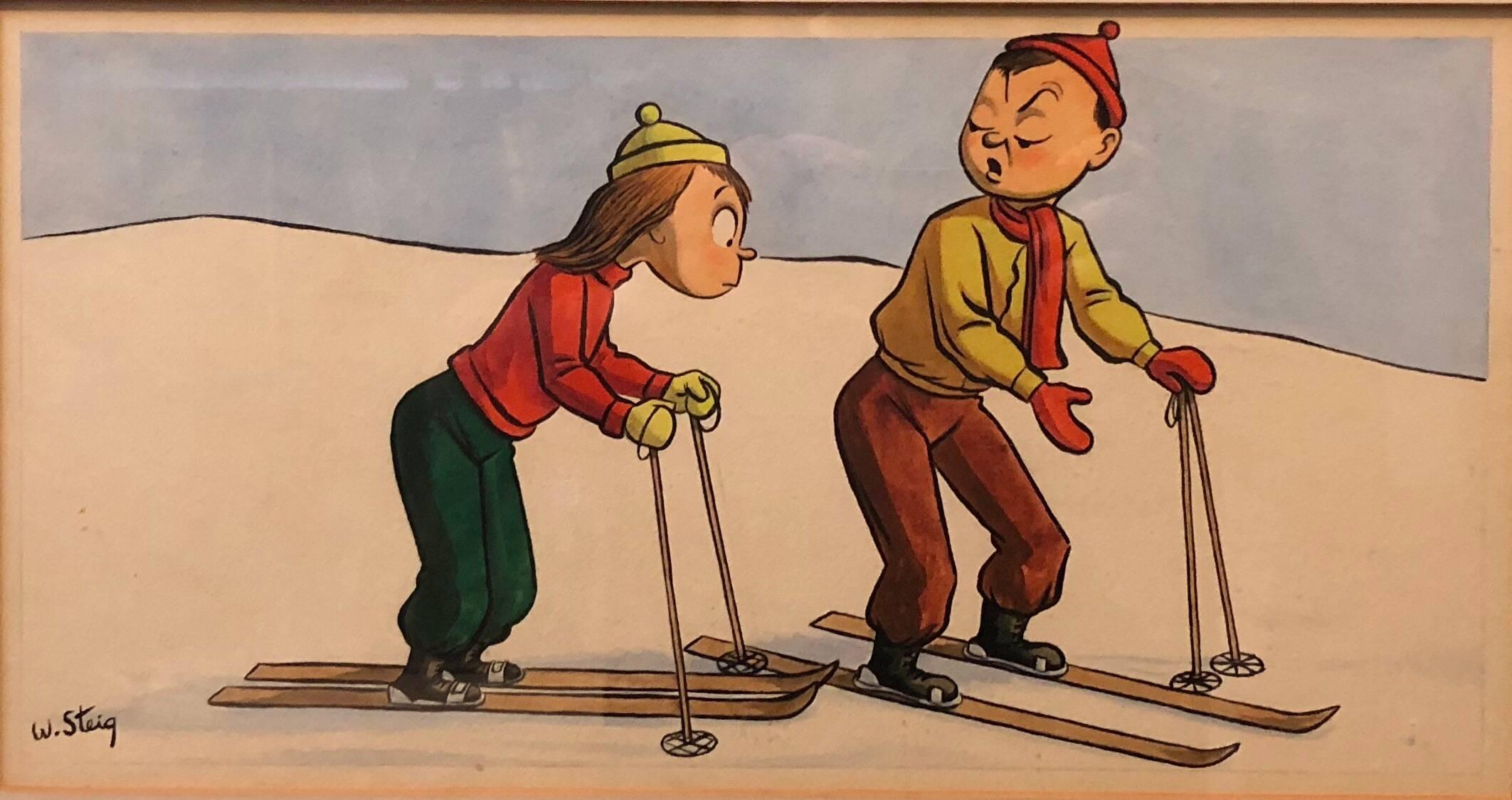 William Steig (b.1907) Figurative Art - Whimsical Illustration Skiing Cartoon, 1938 Mt Tremblant Ski Lodge William Steig