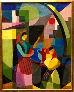 Colorful Catalan French Post Cubist Oil Painting