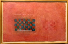 Large Quirky Bold Encaustic Oil Painting with Grid Pattern Bright Color