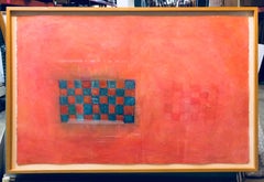 Large Quirky Bold Encaustic Oil Painting with Grid Pattern Bright Color