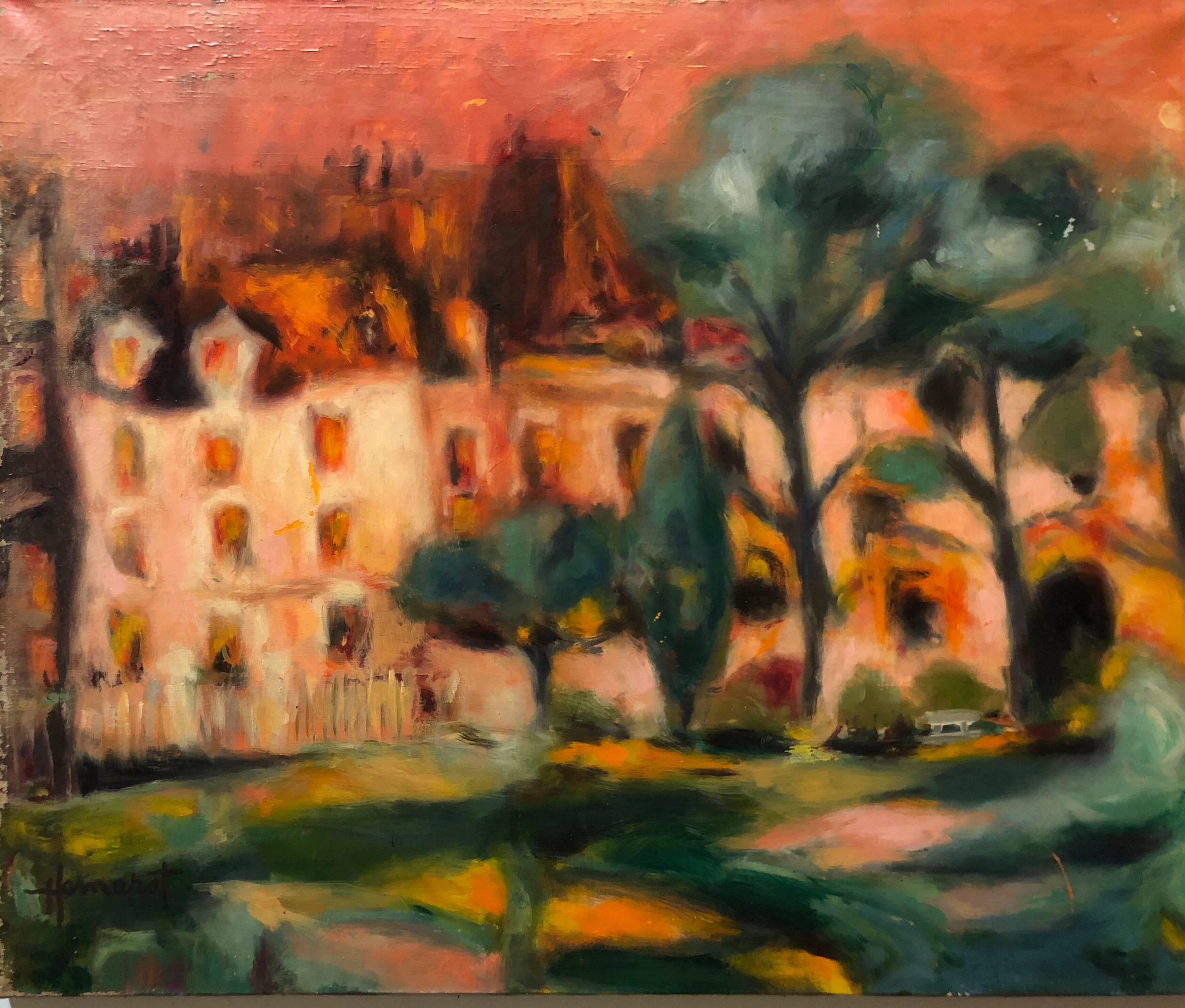 Claude Hemeret Landscape Painting - French Modernist Vivid Fauvist Landscape Oil Painting 