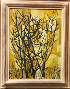 Peinture à l'huile d'arbre cubiste mi-siècle moderne - Paysage stylisé