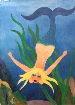 Vintage Nude Mermaid Under Sea, German Outsider Folk Art OIl Painting