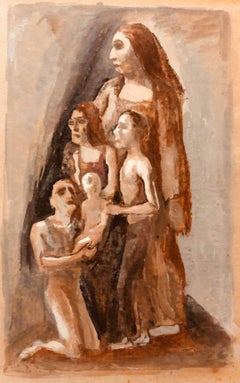 Used Rare American Modernist Family Group Gouache Painting