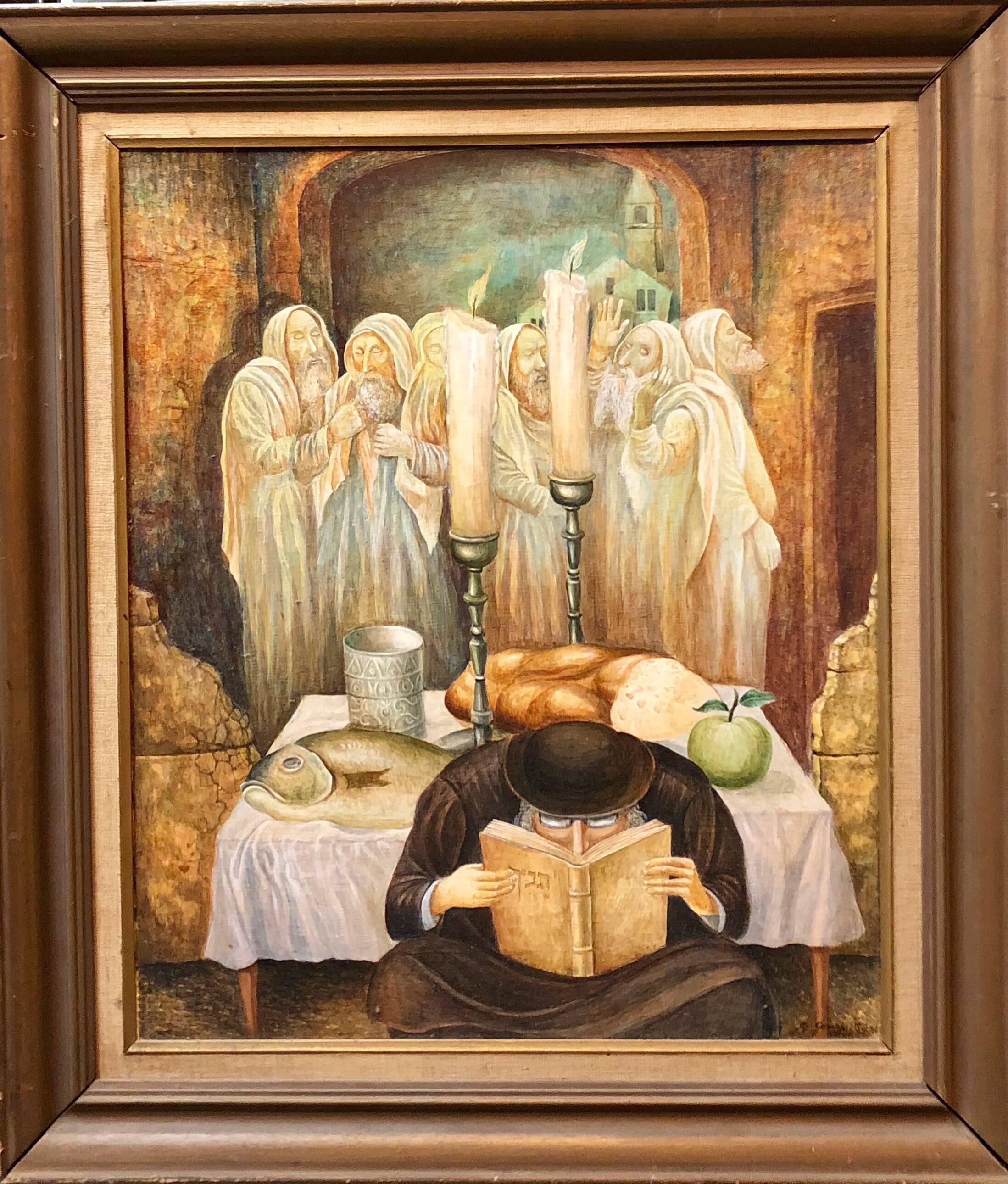 Anatol Gurevitch Figurative Painting - Rare Israeli Modernist Judaica Oil Painting Rabbi with Angels Shabbat Scene