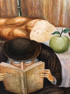 Rare Israeli Modernist Judaica Oil Painting Rabbi with Angels Shabbat Scene