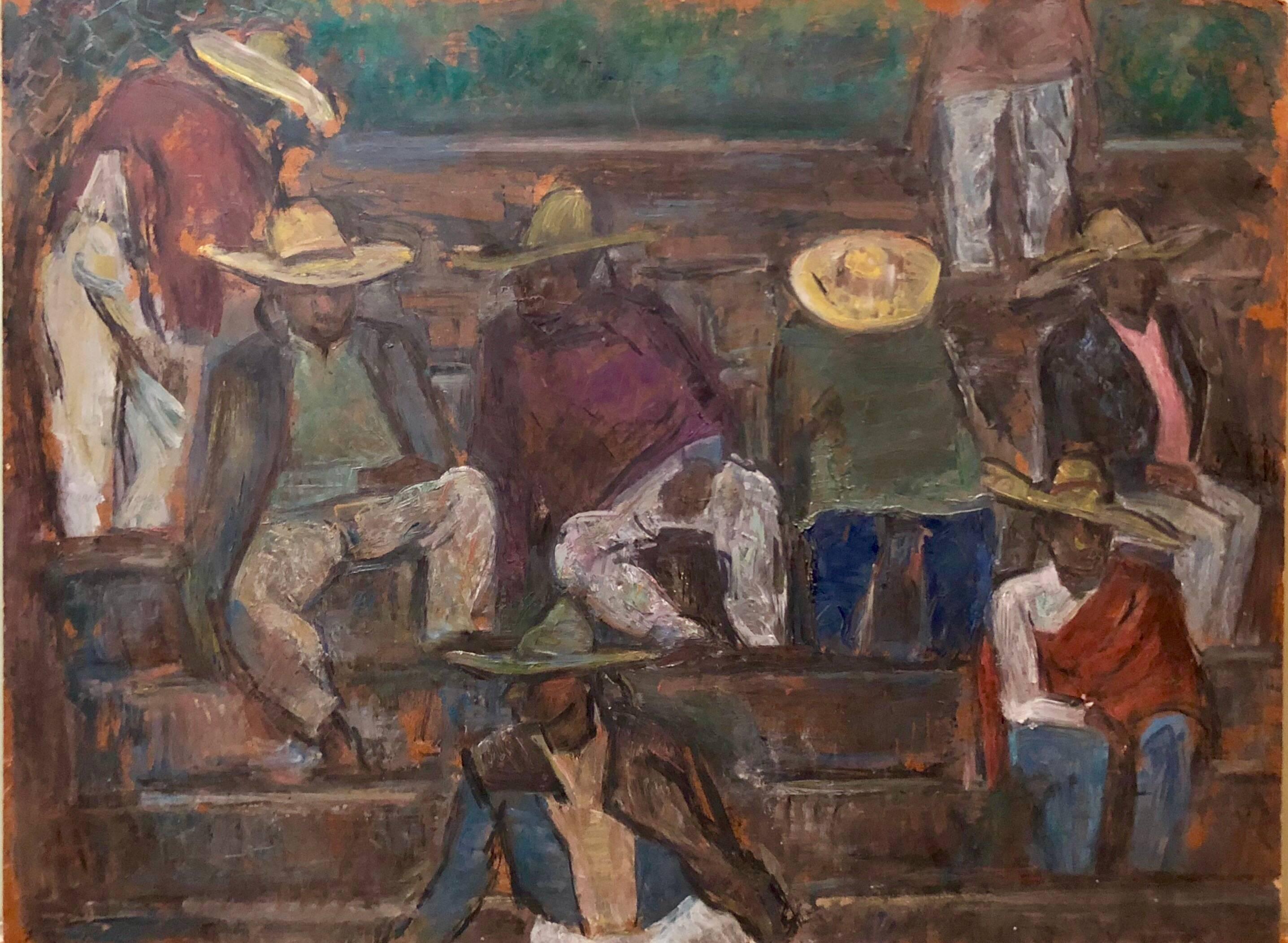 Maurice Becker Landscape Painting - DUSK, IKUAPAN, Mexico. Laborers at Rest. Modernist Oil Painting