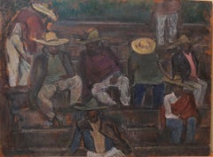 DUSK, IKUAPAN, Mexico. Laborers at Rest. Modernist Oil Painting