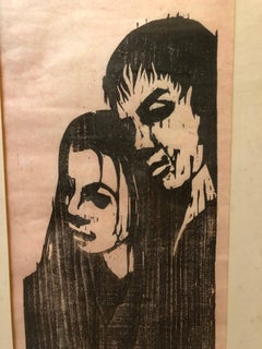 Vintage German Israeli Large Expressionist Woodcut Print Couple 