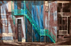 Vintage Social Realist GREEN STAIRS Architectural Street Scene Landscape Oil Painting