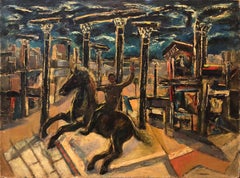 Yesterday's, Surrealist Horse Rider, Architectural Ruins Modernist Oil Painting