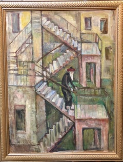 Large Modernist Oil Painting 1940s, Judaica Hasidic rabbi in Jerusalem