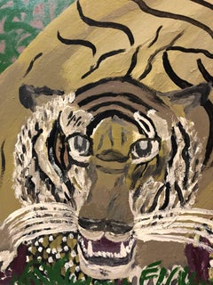 Le Tigre Decapite Le Jaguar, Large Wild Animal Israeli Naive Art Oil Painting