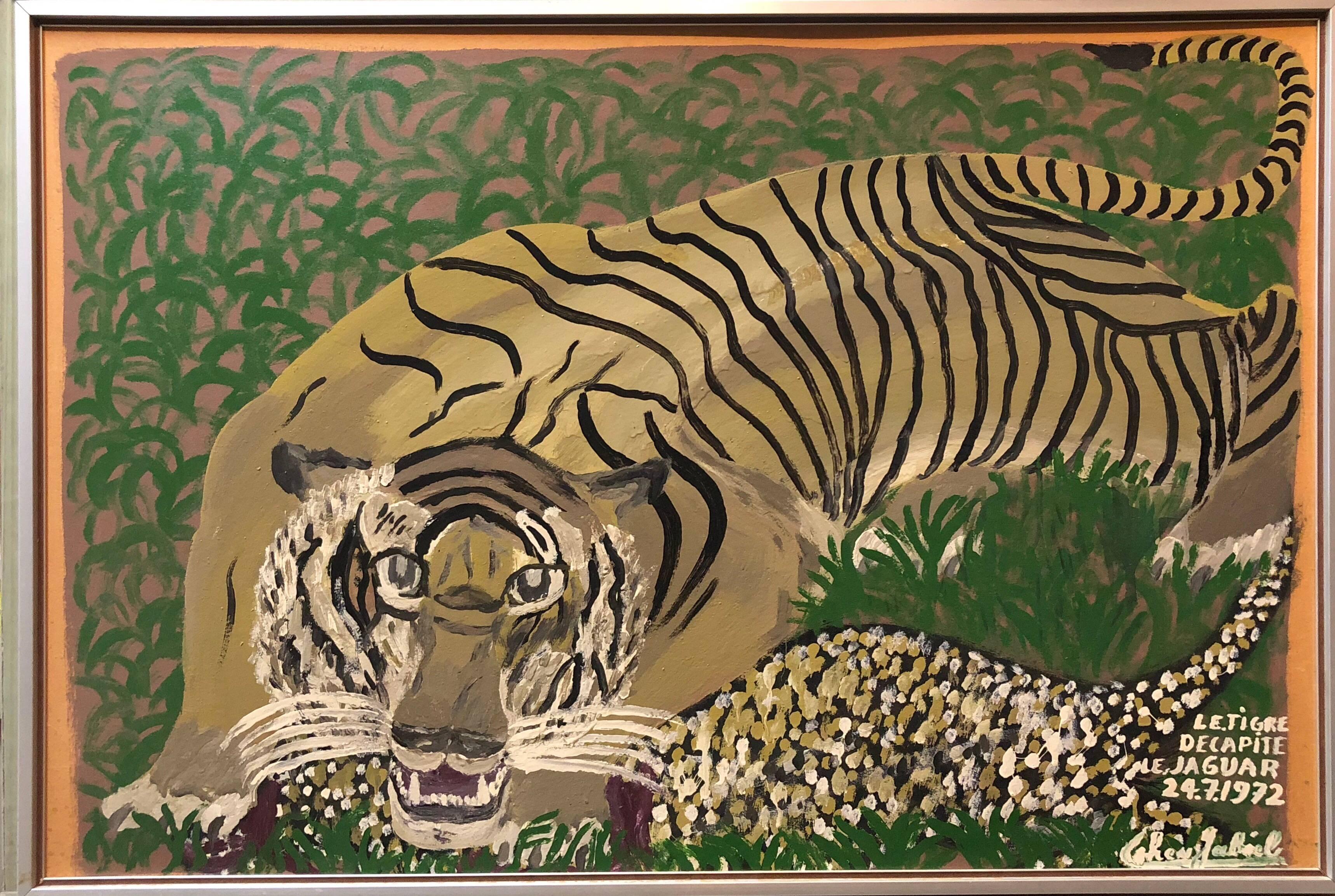 Gabriel Cohen Figurative Painting - Le Tigre Decapite Le Jaguar, Large Wild Animal Israeli Naive Art Oil Painting