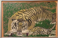 Vintage Le Tigre Decapite Le Jaguar, Large Wild Animal Israeli Naive Art Oil Painting