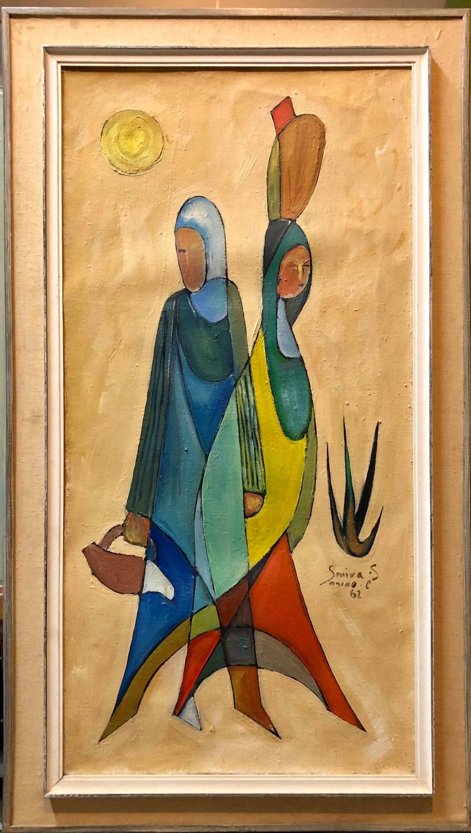 Shaoul Smira Figurative Painting - Large Modernist 1960s Israeli Cubist Figures Oil Painting Ruth & Naomi