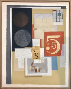 Abstract Cubist Composition Collage Gilt Stencilled Letters Numbers Assemblage