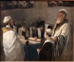 Rare peinture à l'huile hongroise BAR MITZVAH garçon au Torah avec lapin judaïque