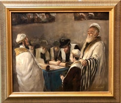  Rare Hungarian BAR MITZVAH boy at Torah with Rabbi Judaica Oil Painting