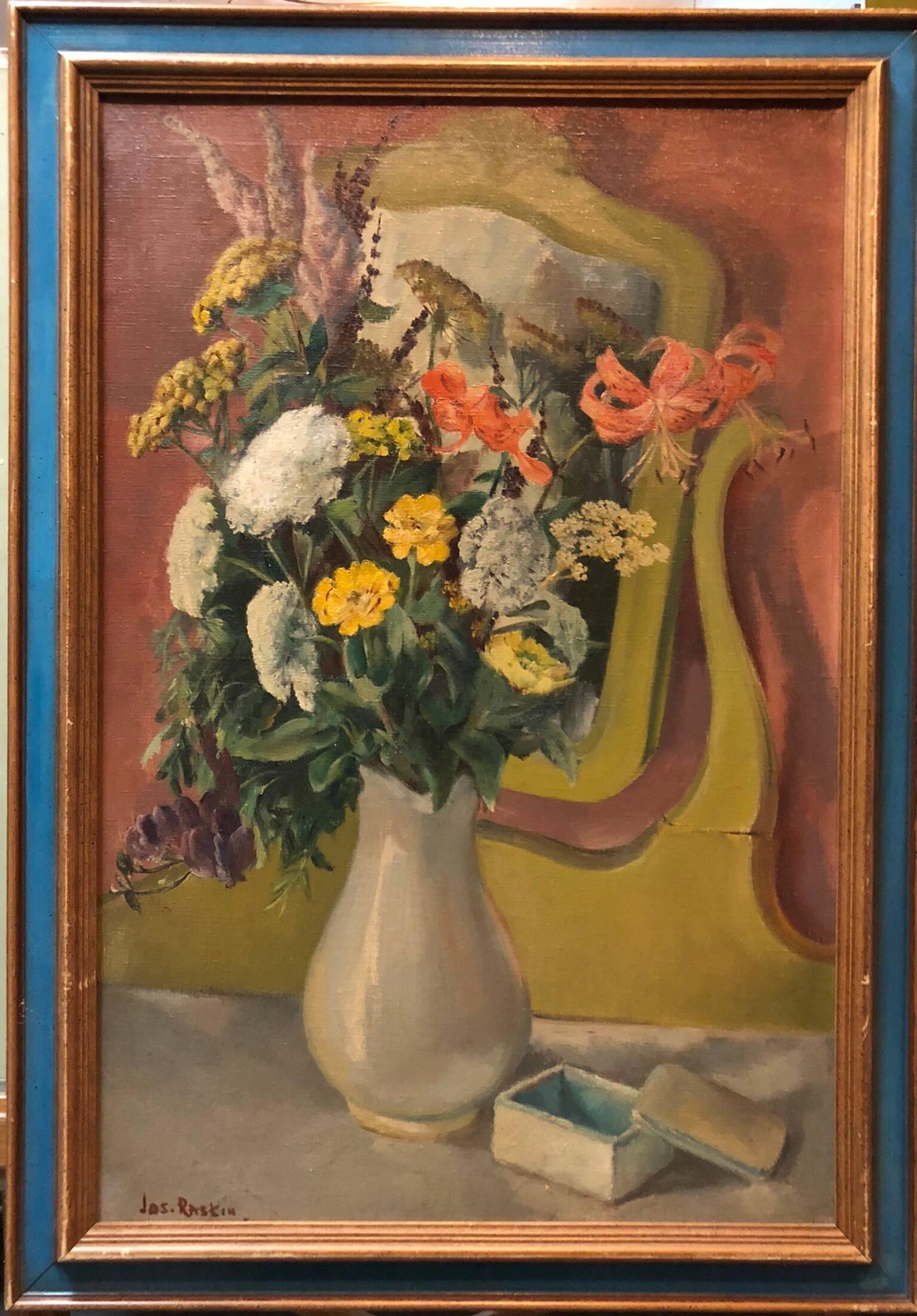 Joseph Raskin Still-Life Painting - VASE WITH FLOWERS IN THE MIRROR Modernist Oil Painting