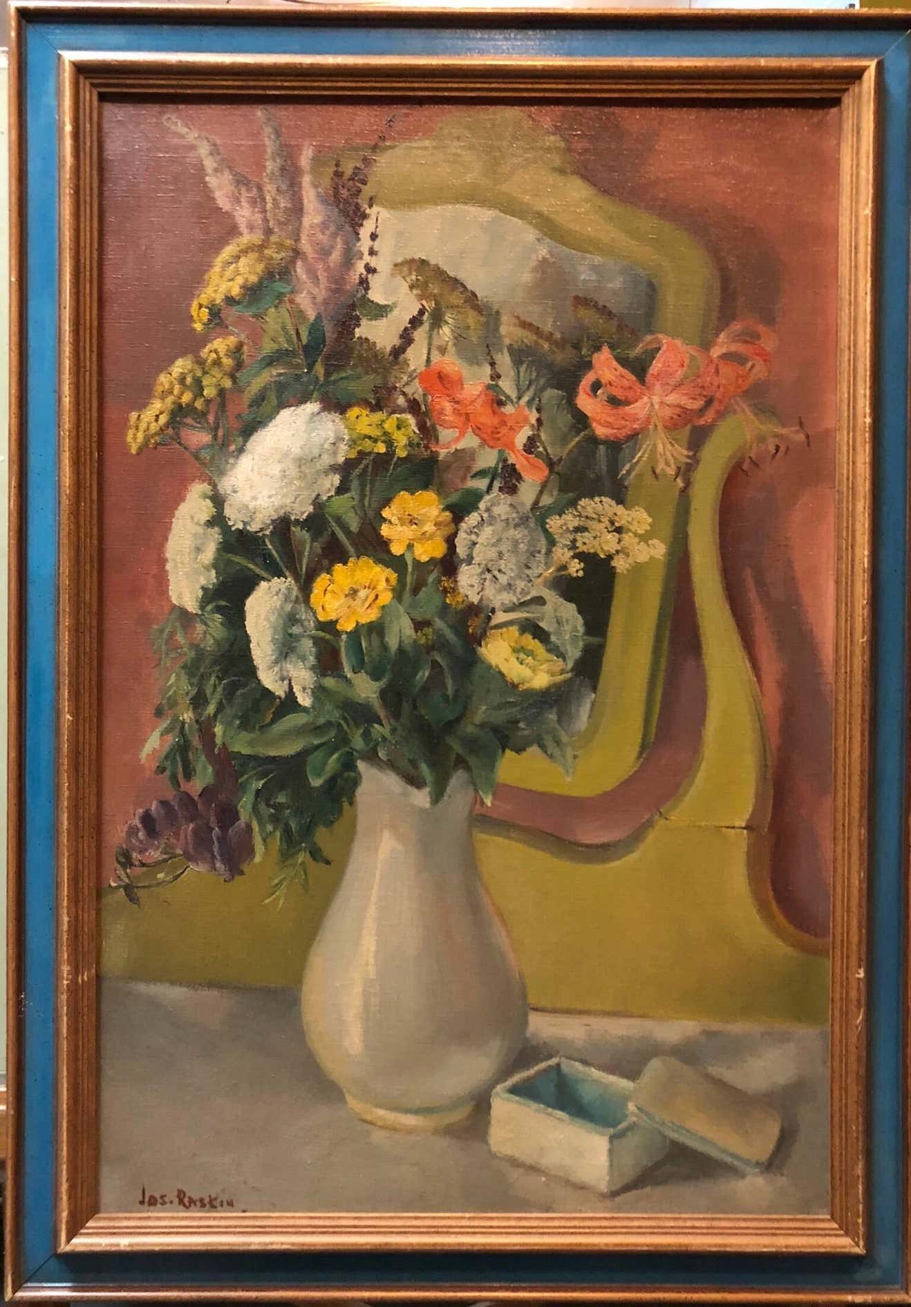 Joseph Raskin - VASE WITH FLOWERS IN THE MIRROR Modernist Oil Painting ...