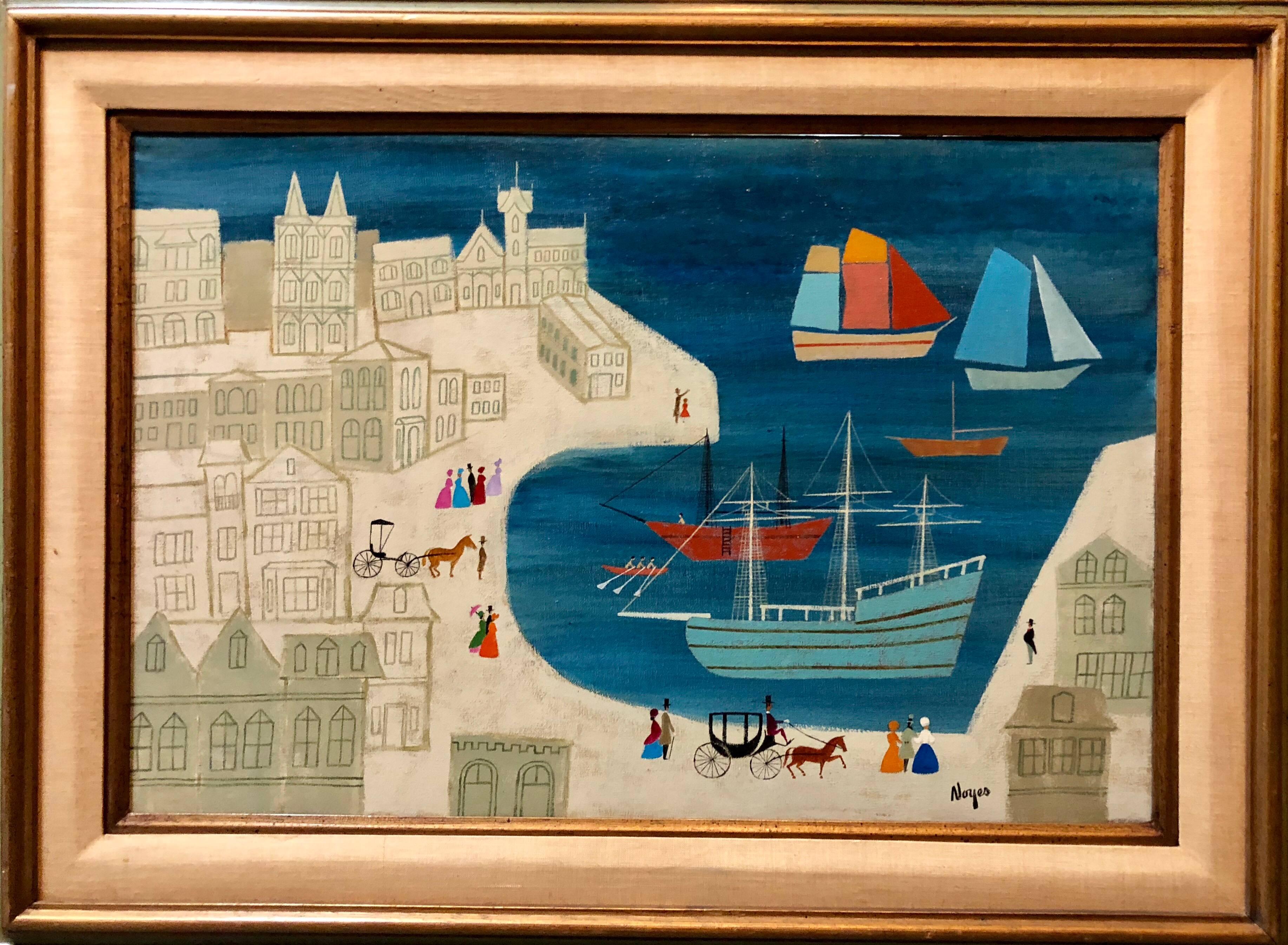 City with Harbor Scene, Folk Art Naive Oil on Canvas - Painting by Fred (Fritz) Noyes