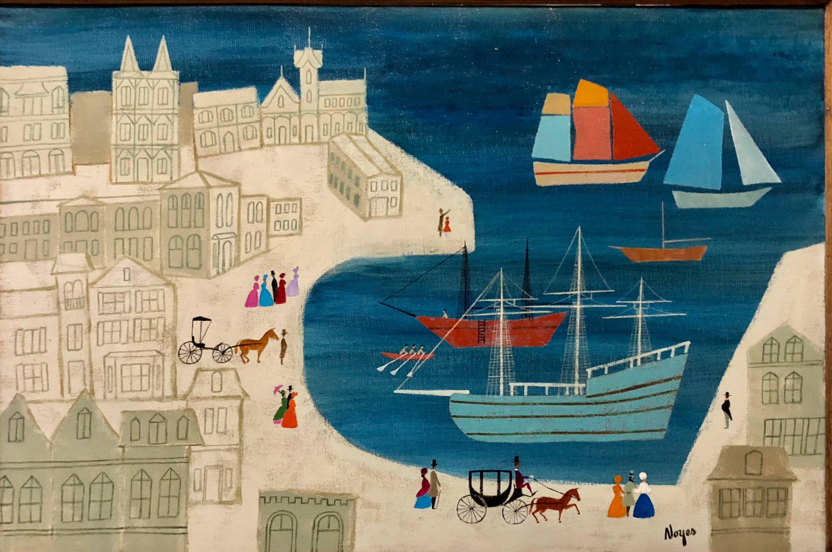 Fred (Fritz) Noyes Landscape Painting - City with Harbor Scene, Folk Art Naive Oil on Canvas