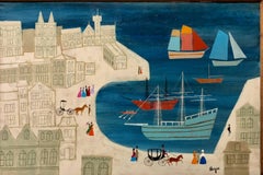 City with Harbor Scene, Folk Art Naive Oil on Canvas