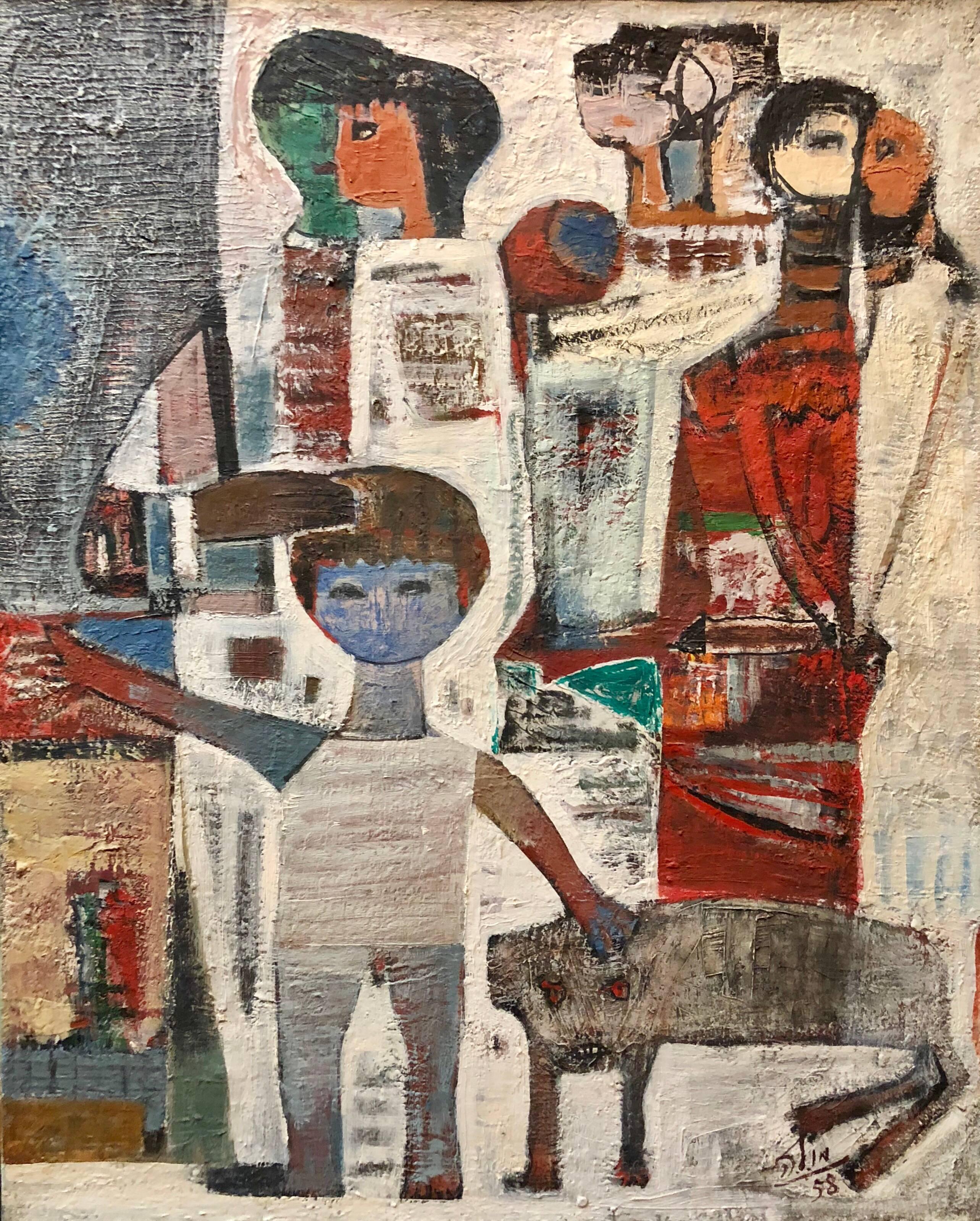 Mula Ben-Haim Figurative Painting - Large 1950s Israeli Modernist Oil Painting