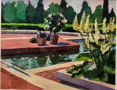 Peinture à l'huile moderniste « Botanic Garden II » représentant un bassin avec des fleurs et un jardin