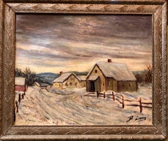 Paesaggio di villaggio modernista polacco nella neve Pittura ad olio