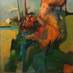Autumn Wind, Large American Modernist Oil Painting Woman with Flowers