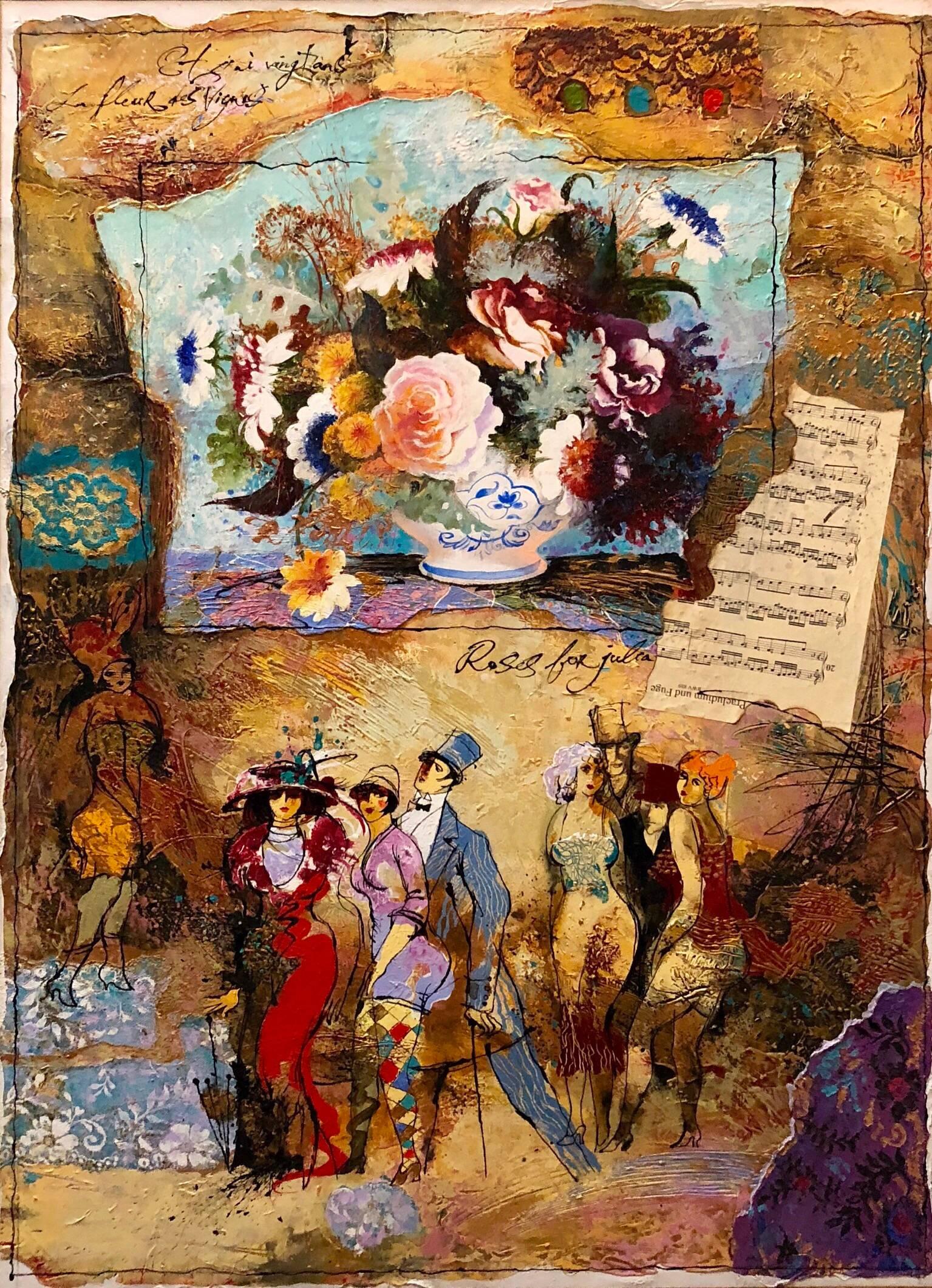 Tanya Wissotzky and Alexander Galtchansky Figurative Painting - Rare Original Mixed Media Collage Painting Musical Belle Epoque Composition
