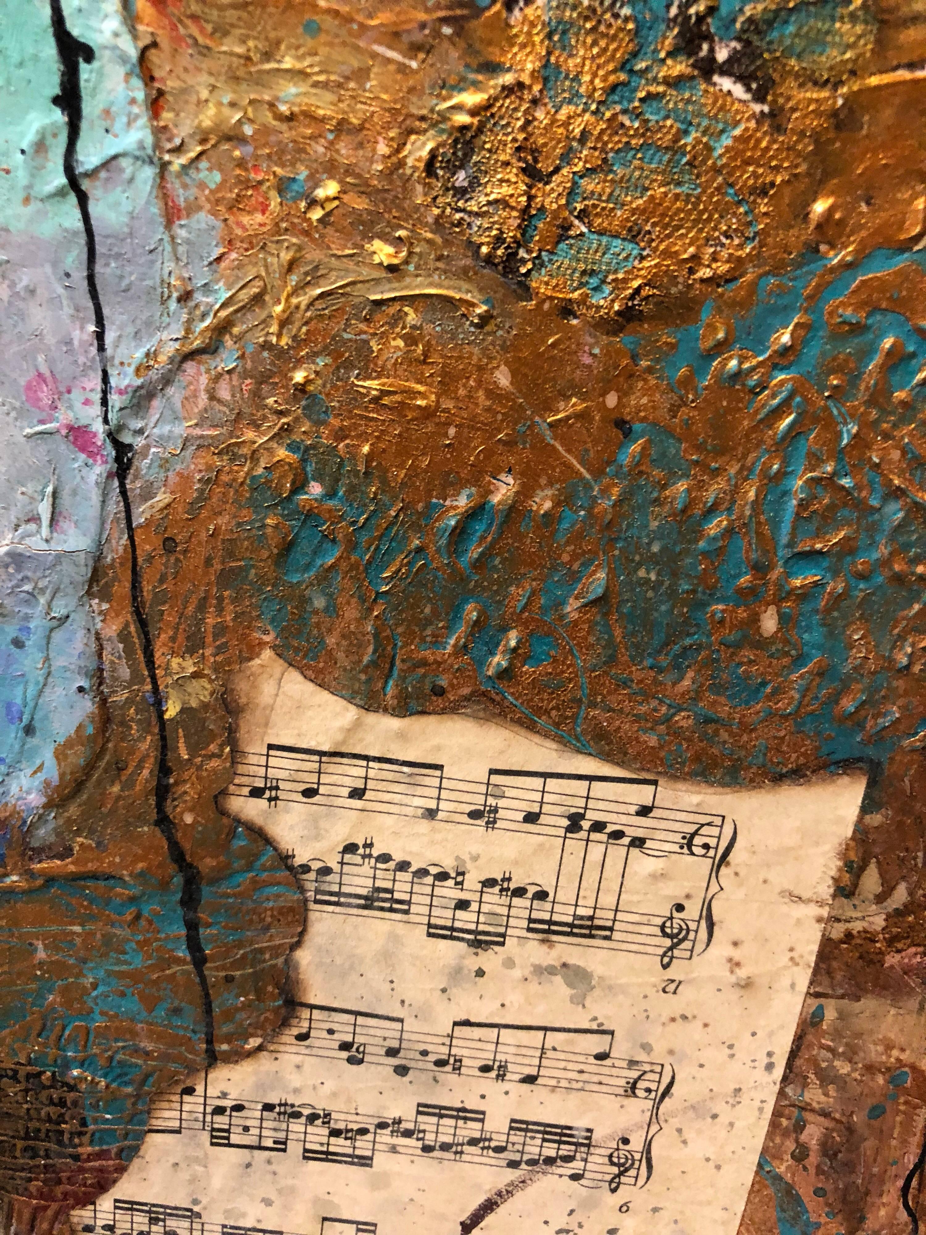 37.75 X 27.5 sight size. it does not appear to be signed. perhaps under frame. it is an original painting. In this artwork the artist incorporates different materials, creating layers of paint, music compositions cut-outs and a group of figures