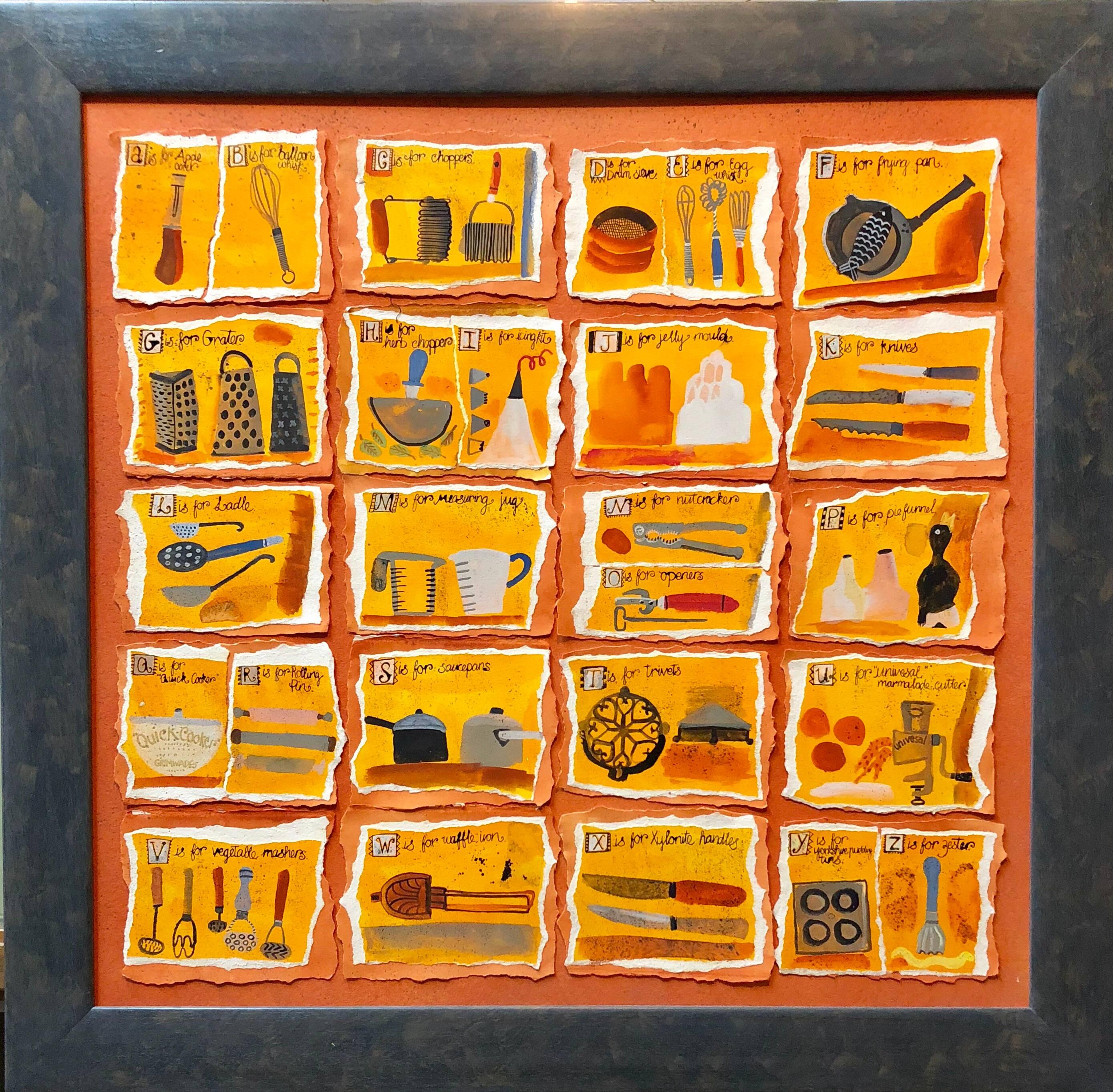 Christine McArthur Figurative Painting - Housewives Choice, A-Z Alphabet Sampler Mixed Media Painting Collage