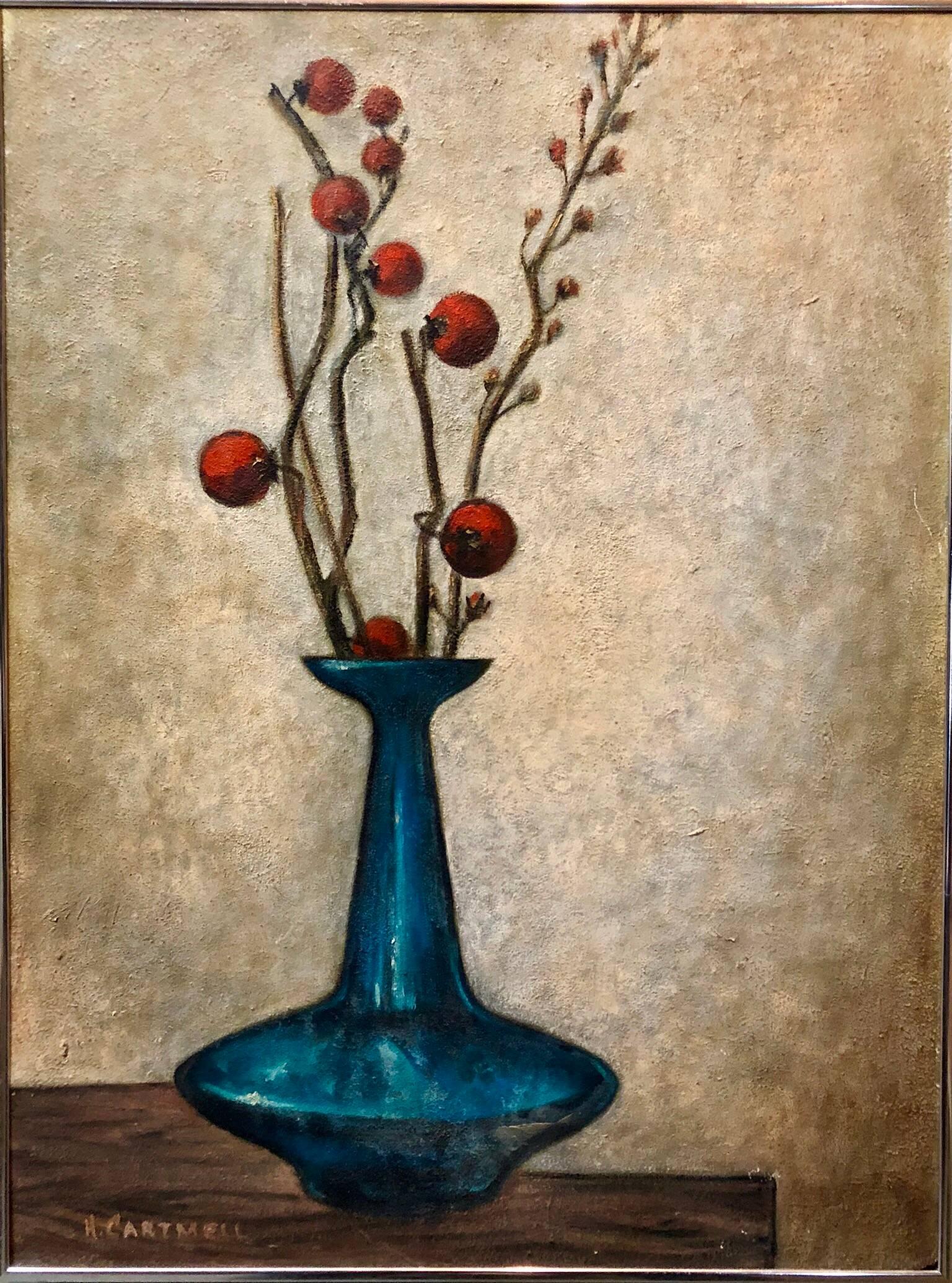 Arrangement floral moderniste dans un vase moderne - Peinture à l'huile - 1957 - Painting de Helen Cartmell