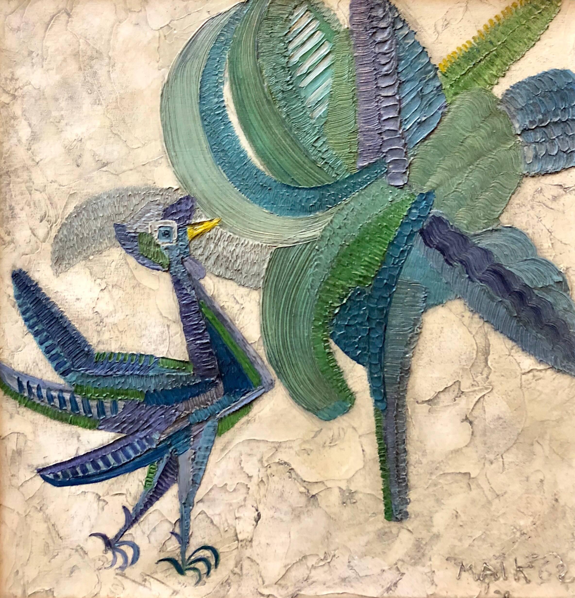 Henri Maik Animal Painting - Naive Oil Painting Primitive Folk Art Jungle Scene with Bird and Flower