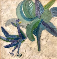 Peinture à l'huile naïve - Art populaire primitif - Scène de Jungle avec oiseau et fleur