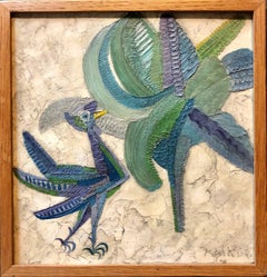 Naive Oil Painting Primitive Folk Art Jungle Scene with Bird and Flower