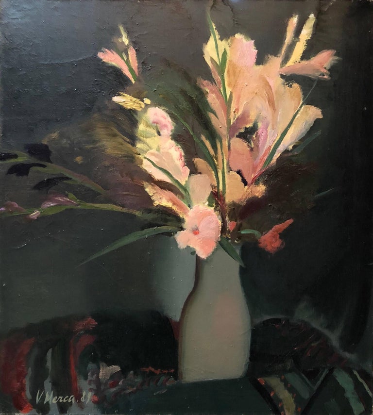 Bouquet of Flowers Latvian Modernist Floral Oil Painting - Black Interior Painting by Vita Merca