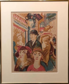 Czech Street Scene, Kino, Couples Shopping Weimar Era 1929 Lithograph