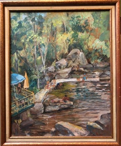 Bathers at the Quarry 1940s American Modernist Oil Painting WPA era