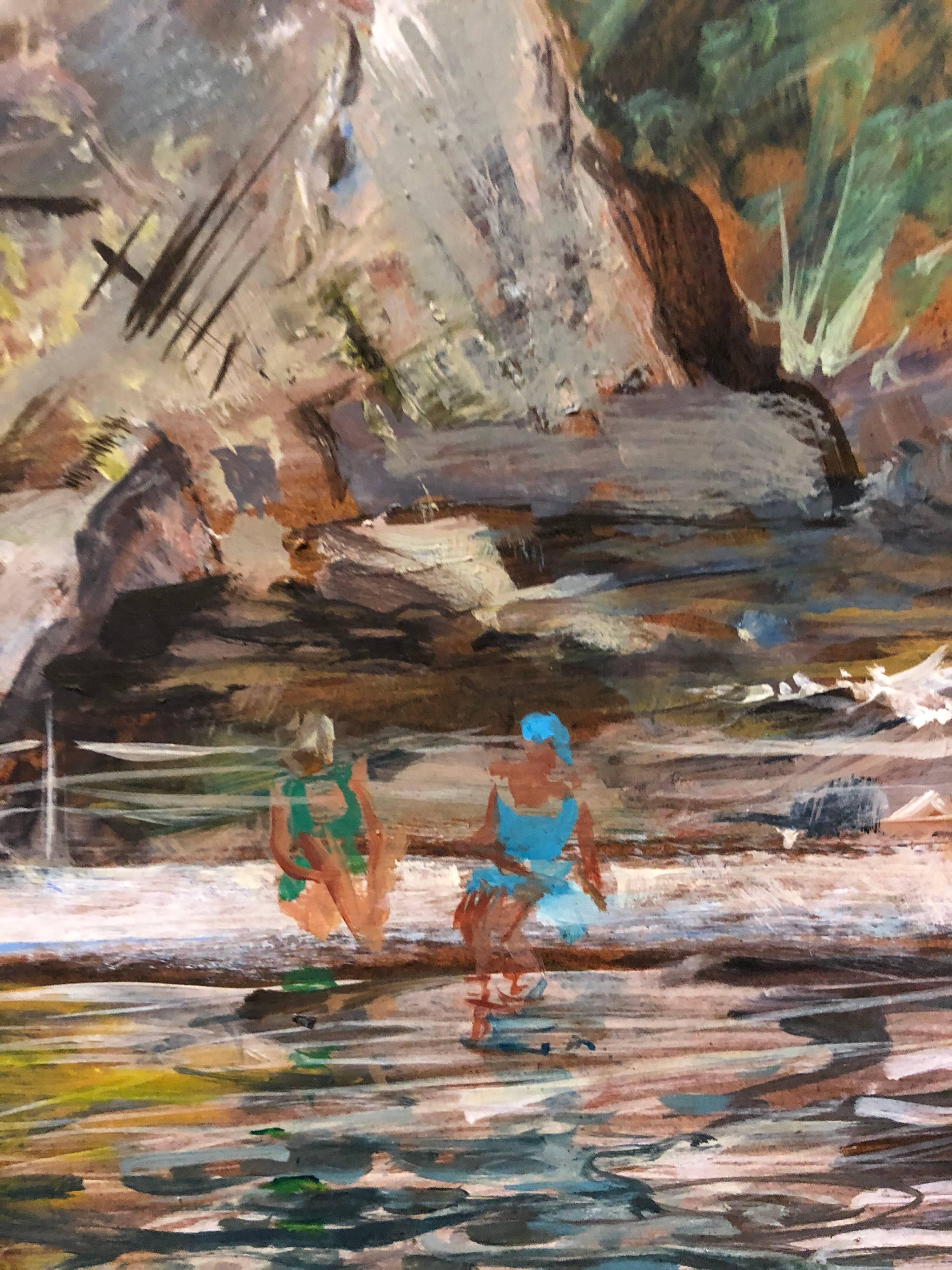 Bathers at the Quarry 1940s American Modernist Oil Painting WPA era - Gray Landscape Painting by Theresa Berney Loew