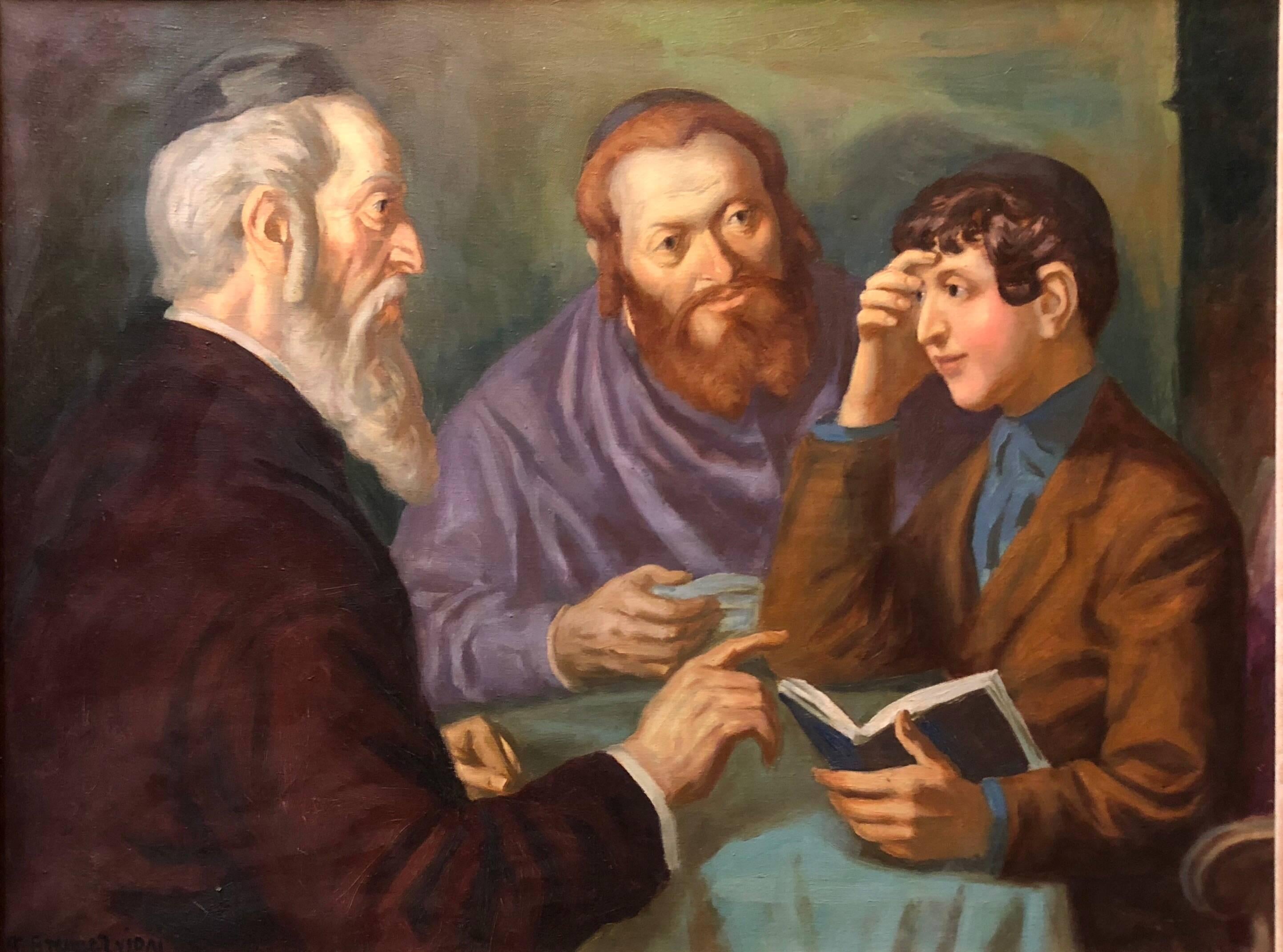 Nandor Vydai Brenner Figurative Painting - the Rabbi's Cheder Test Hungarian Judaica Oil Painting