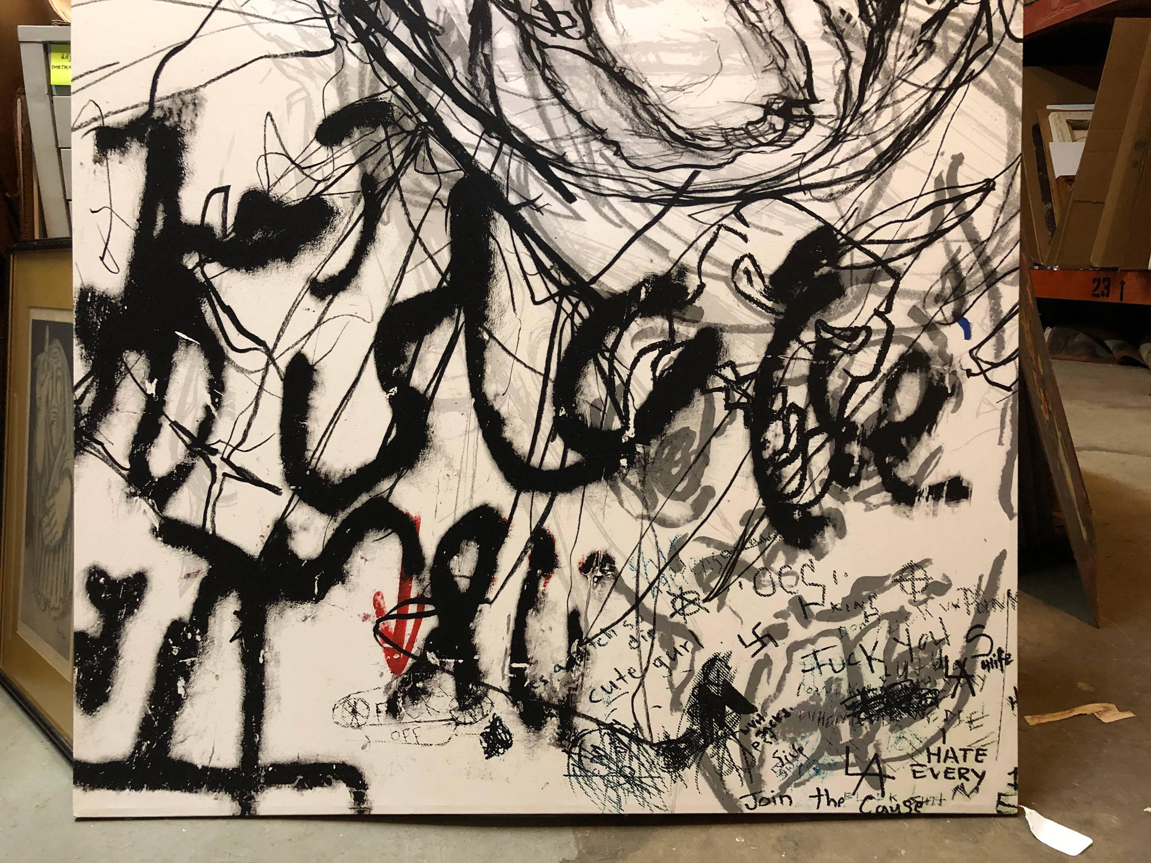 From his show Hashish at Michael Steinberg Gallery (bearing their label verso)
Reviewed by Roberta Smith in the New York Times.
Abstract Expressionism meets graffiti photography. Cy Twombly in cyberspace. Existential physics. The trajectories of car