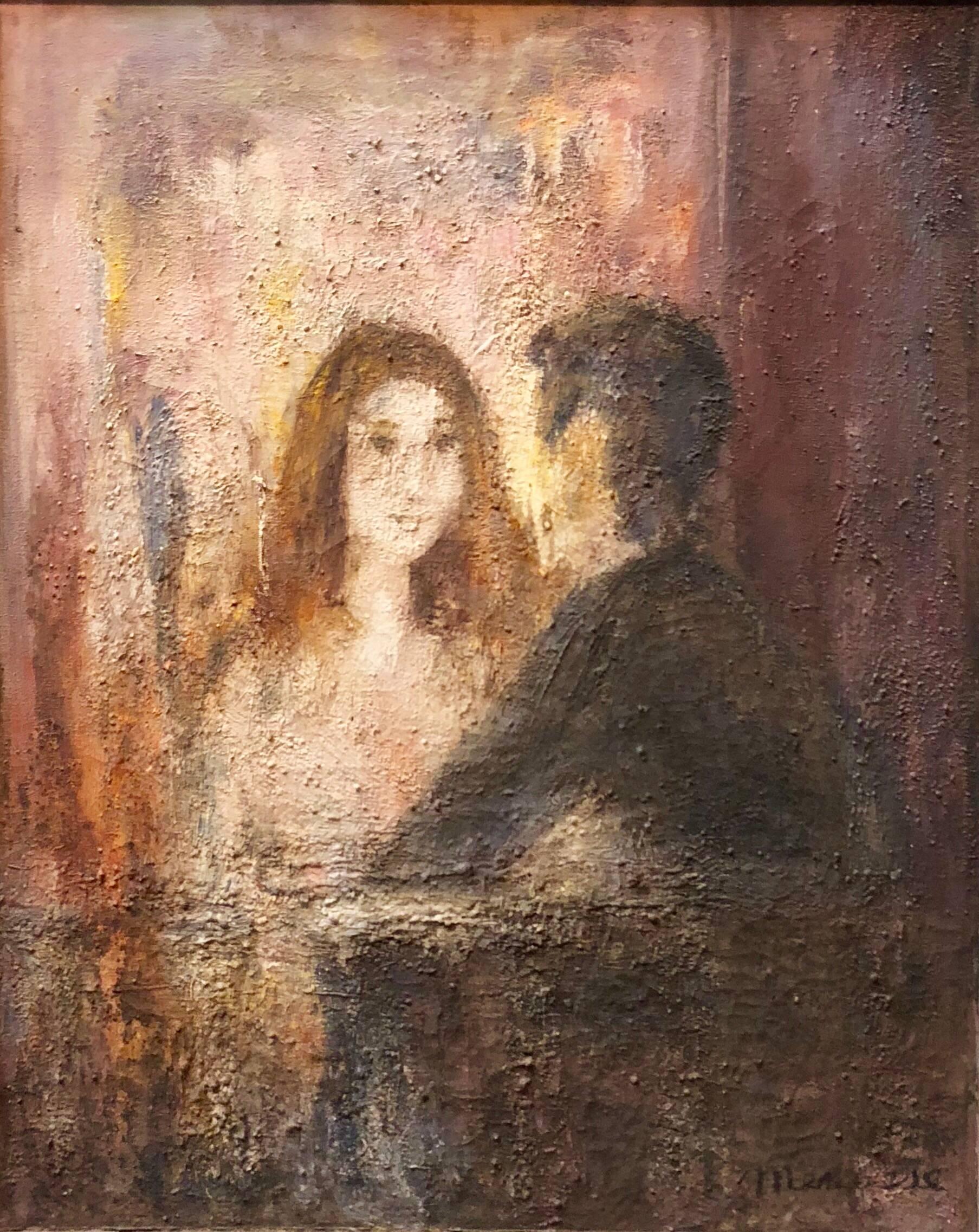 Eliana Menasse Figurative Painting - El Balcon, Courting Couple Mexican Modernist Oil Painting