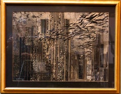 Rare grande peinture d'assemblage de paysage urbain new-yorkais en collage avec des lignes d'horizon