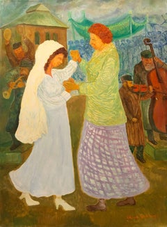Vintage Mother Daughter Wedding Dance, Large Judaica Oil Painting, Shtetl Life