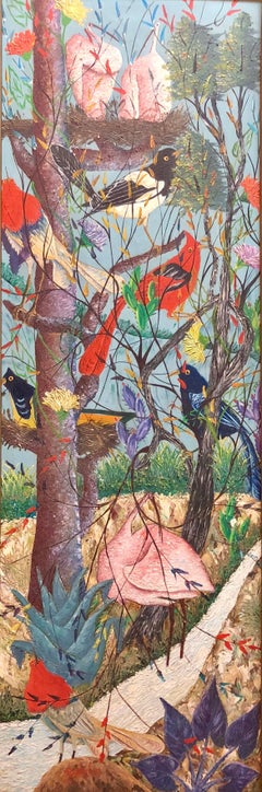 Large Haitian Naive Exotic Birds Tropical Jungle Oil Painting