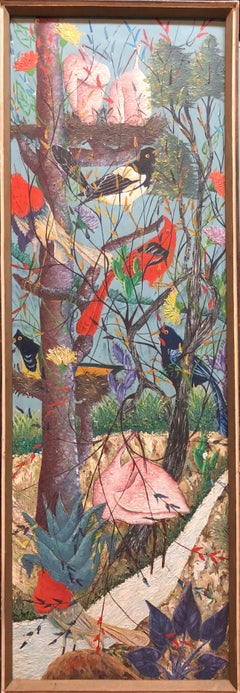 Large Haitian Naive Exotic Birds Tropical Jungle Oil Painting